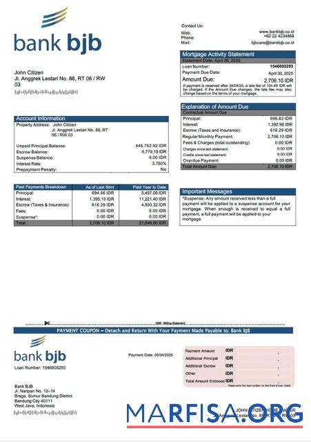Realistic Indonesia Bank BJB mortgage statement Word and PDF template